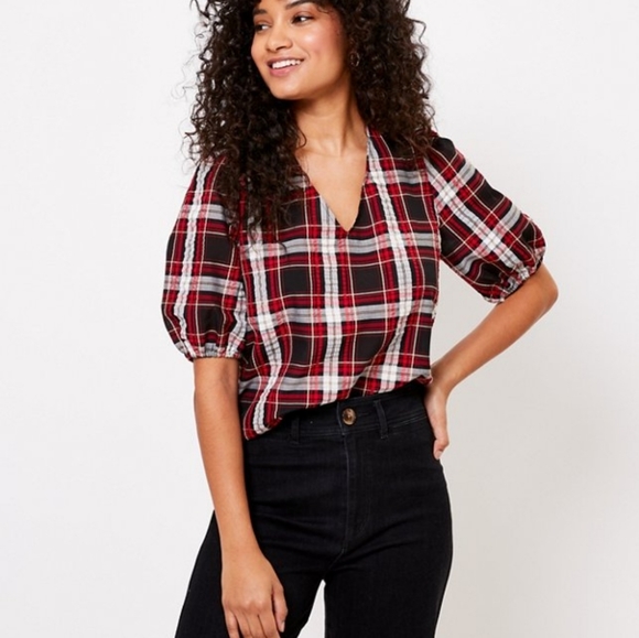 LOFT Tops - Loft | NWOT Plaid Puff Sleeve V Neck Top